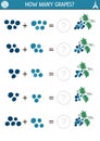 How many grapes game. Math addition activity for preschool children with berry. Simple fruit printable counting worksheet for kids