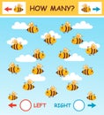 How many honey bees fly left, right direction, math child education puzzle game. Mathematics count honeybee. Kids logic worksheet