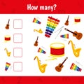 How many instruments are there. Count instruments. Math worksheet for kids