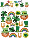 How many? - Irish-themed educational activity page for children stock vector illustration