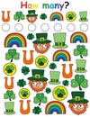 How many? - Irish-themed game for children colorful vertical worksheet stock vector illustration