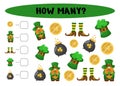 How many? Kids game with st Patrick day vector elements. Development of numeracy skills and attention, cartoon riddle page.