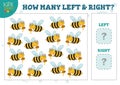 How many left and right cartoon bees kids counting game vector illustration
