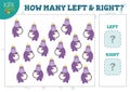 How many left and right cartoon hippos kids counting game vector illustration