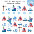 How many objects do you see here. Count and write numbers. Game for children. Math worksheet for kids. Vector color Royalty Free Stock Photo