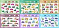 How many objects transport counted? Set of educational games for kids 6 in 1. Vector illustration