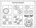 How many planets do you see. Black and white mathematics maze game for kids