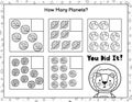 How many planets do you see. Black and white mathematics maze game for kids