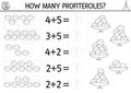 How many profiteroles black and white game. French traditional dessert math addition activity. Simple France printable counting