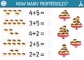 How many profiteroles game. French traditional dessert math addition activity for preschool children. Simple France printable