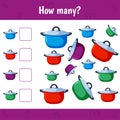 How many saucepans are there. Count the number of kitchen utensil and write. Math worksheet for kids