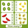 Educational counting math game for preschool children on the theme of fruits. Count the number