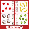 Educational counting math game for preschool children on the theme of fruits. Count the number