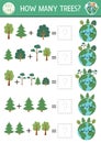 How many trees game with cute planet. Ecological math addition activity for preschool children. Simple eco earth day printable