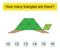 How many triangles are there? Math game for kids. Cartoon turtle