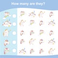 Counting unicorn game for children. Cute unicorn math worksheet.
