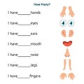 How many worksheet with body parts for kids. Write the correct answer
