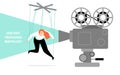 How propaganda manipulates. Conceptual illustration with a puppet girl and a movie projector. The influence of media on public