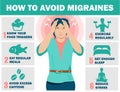 How to avoid migraines. Migraine infographic. Headache. Vector medical poster migraine. Prevention. Illustration of a