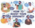 How to Boost Immunity Infographics with Male Character. Sleep More, Exercise Daily, Wash Hands, Drink Water, Eat Healthy