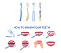 How to brush your teeth step by step instruction. Correct tooth brushing with toothbrush and toothpaste