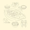 Lompong Sagu And Ingredients Illustration Sketch Style, Traditional Food From Aceh, Good to use for restaurant menu, Indonesian fo Royalty Free Stock Photo