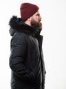 How to choose best winter jacket. Weather resistant jacket concept. Winter season menswear. Hood adds warmth and weather