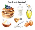 How to cook pancakes watercolor illustration with recipe ingredients isolated on white