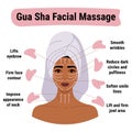 How to do gua sha massage infographic. Facial massage direction scheme. Portrait of young African woman in towel on head with rose