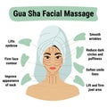 How to do gua sha massage infographic. Facial massage direction scheme. Portrait of young Asian woman in towel on head with green