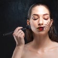 How to do makeup. Make-up artist with the brush applies the powder. Bright makeup. Royalty Free Stock Photo