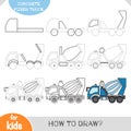 How to draw Concrete mixer truck for children. Step by step drawing tutorial