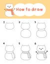 How to draw cat snowman cartoon for christmas, winter, coloring book and education. Vector illustration Royalty Free Stock Photo