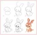 How to draw cute little Easter rabbit. Educational page for children. Creation step by step prehistoric animal illustration.