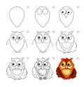 How to draw a cute little owl. Educational page for children. Creation step by step animal illustration. Printable worksheet for Royalty Free Stock Photo