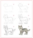 How to draw cute little wolf. Educational page for children. Creation step by step animal illustration. Printable worksheet for