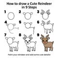 How to draw a cute reindeer in 6 steps tutorial Royalty Free Stock Photo