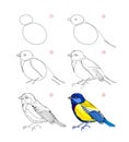 How to draw cute titmouse. Educational page for children. Creation step by step animal illustration. Printable worksheet for kids
