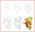 How to draw cute toy monkey. Educational page for children. Creation step by step animal illustration. Printable worksheet for