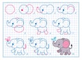 How to Draw Elephant, Step by Step Lesson for Kids cartoon illustration