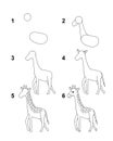 How to draw Giraffe with 6 step cartoon illustration with white background