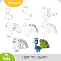 How to draw Peacock for children. Step by step drawing tutorial Royalty Free Stock Photo