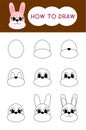 How to draw rabbit face cartoon step by step for learning, kid, education, coloring book and easter egg Royalty Free Stock Photo