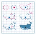 How to draw a shark. Step by step drawing lesson for kids. Cartoon coloring page