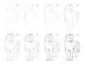 How to draw sketch of imaginary cute husky dog. Creation step by step pencil drawing. Education for artists.