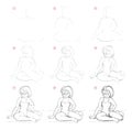 How to draw sketch of imaginary cute little girls figure sitting in the beach. Creation step by step pencil drawing.