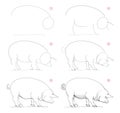 How to draw sketch of imaginary domestic pig. Creation step by step pencil drawing. Education for artists.