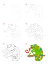 How to draw step by step a cute toy chameleon. Educational page for kids. Back to school. Developing children skills for drawing.