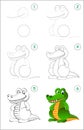 How to draw step by step a cute toy crocodile. Educational page for kids. Back to school.