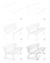 How to draw step by step sketch of imaginary bench in the park. Creation pencil drawing. Educational page for artists. Royalty Free Stock Photo